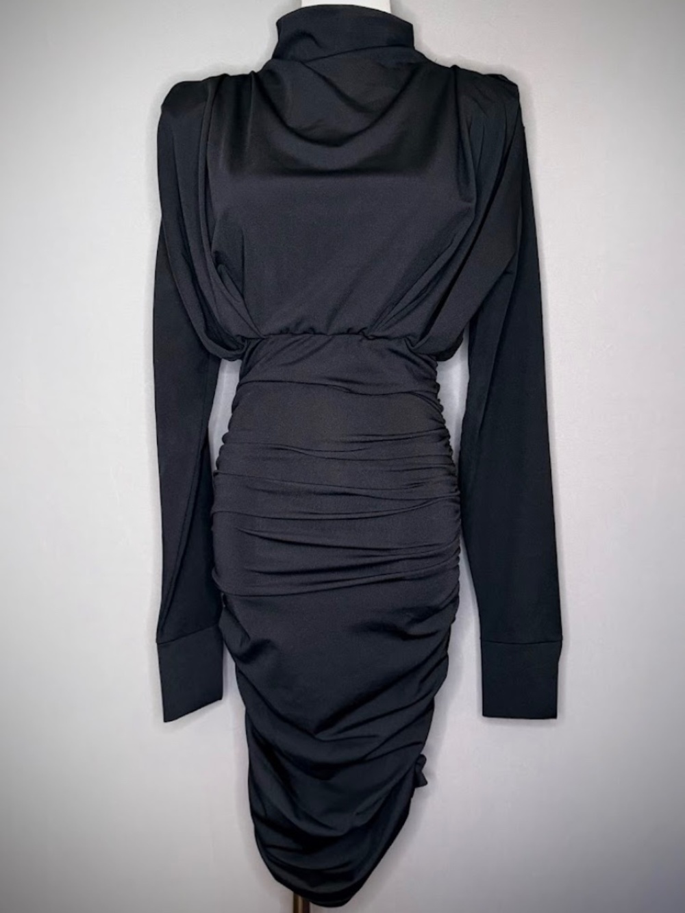 ETA Black Ruched Mock Neck Bodycon Dress Long Sleeve Size Medium